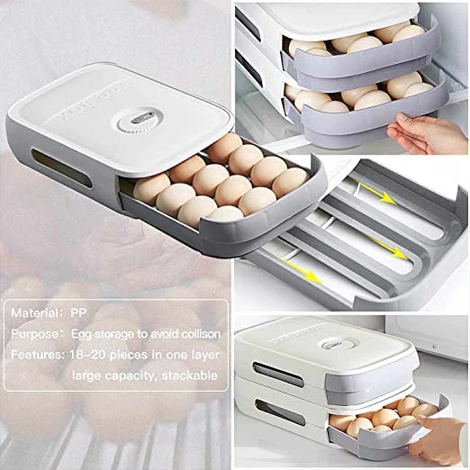 The egg storage box with its drawer partially open, demonstrating smooth operation.