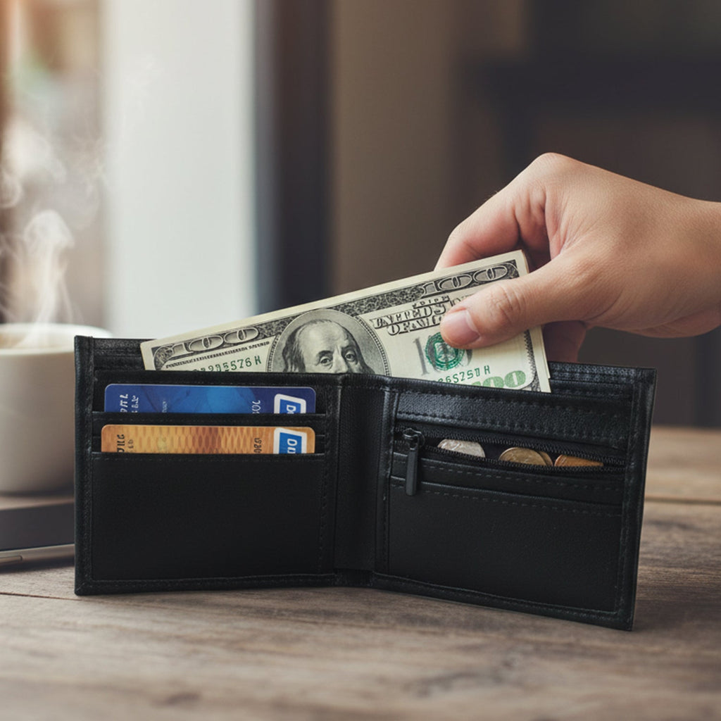 Close-up showing stitched edges and compartments of classic bi-fold wallet