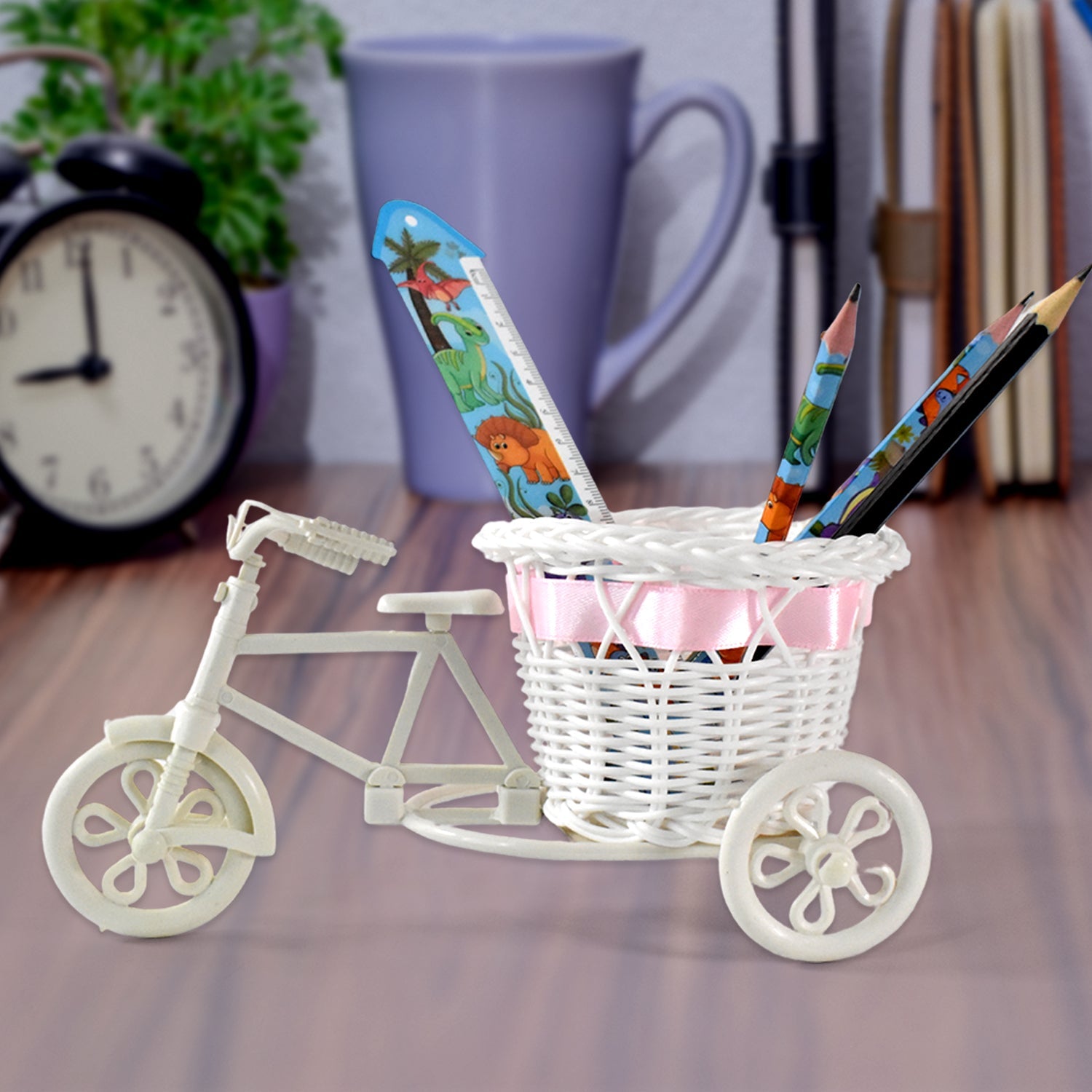 Top view of bicycle-shaped flower pot stand in plastic