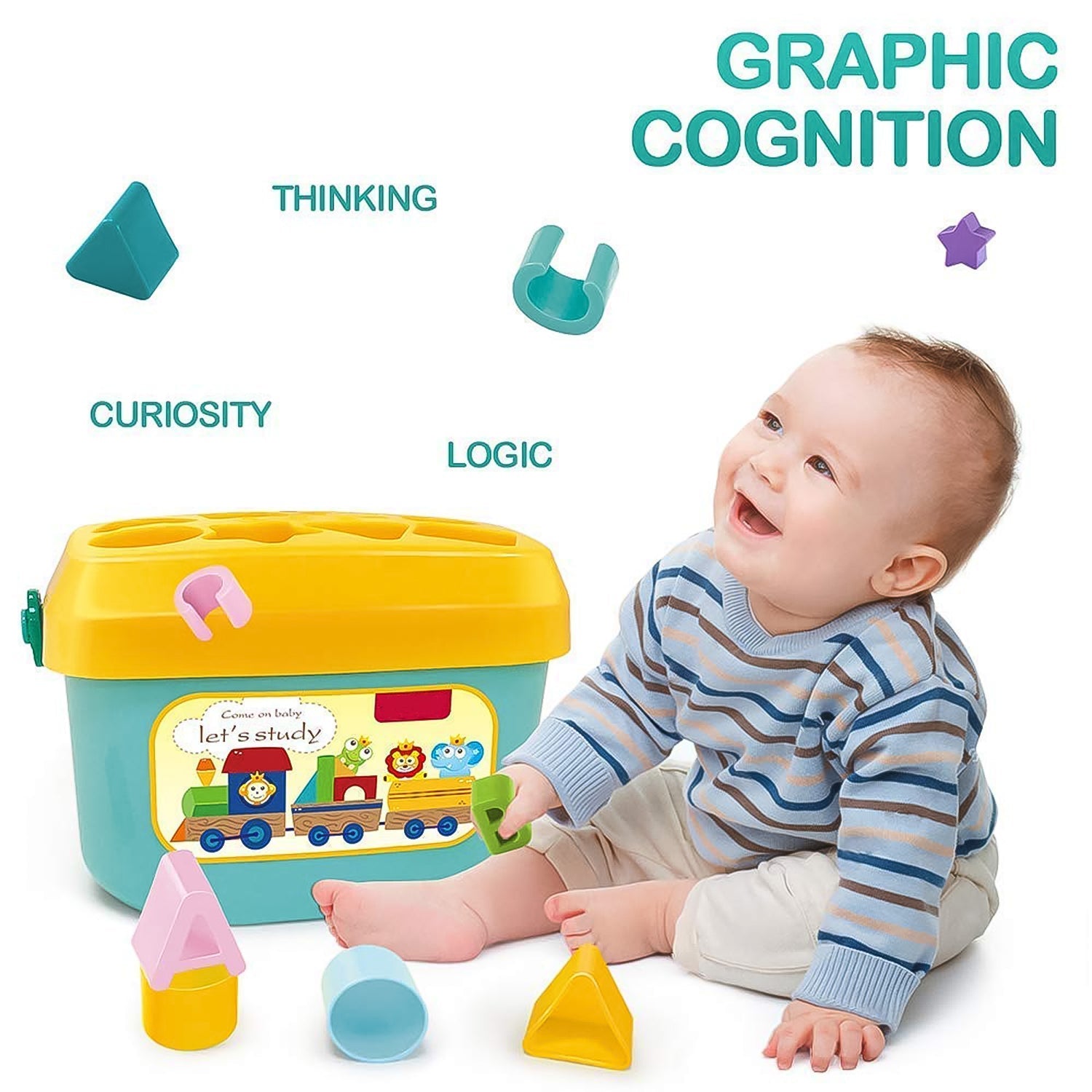 Child sorting a yellow star block into the Baby Shape Sorter bucket, developing motor skills.