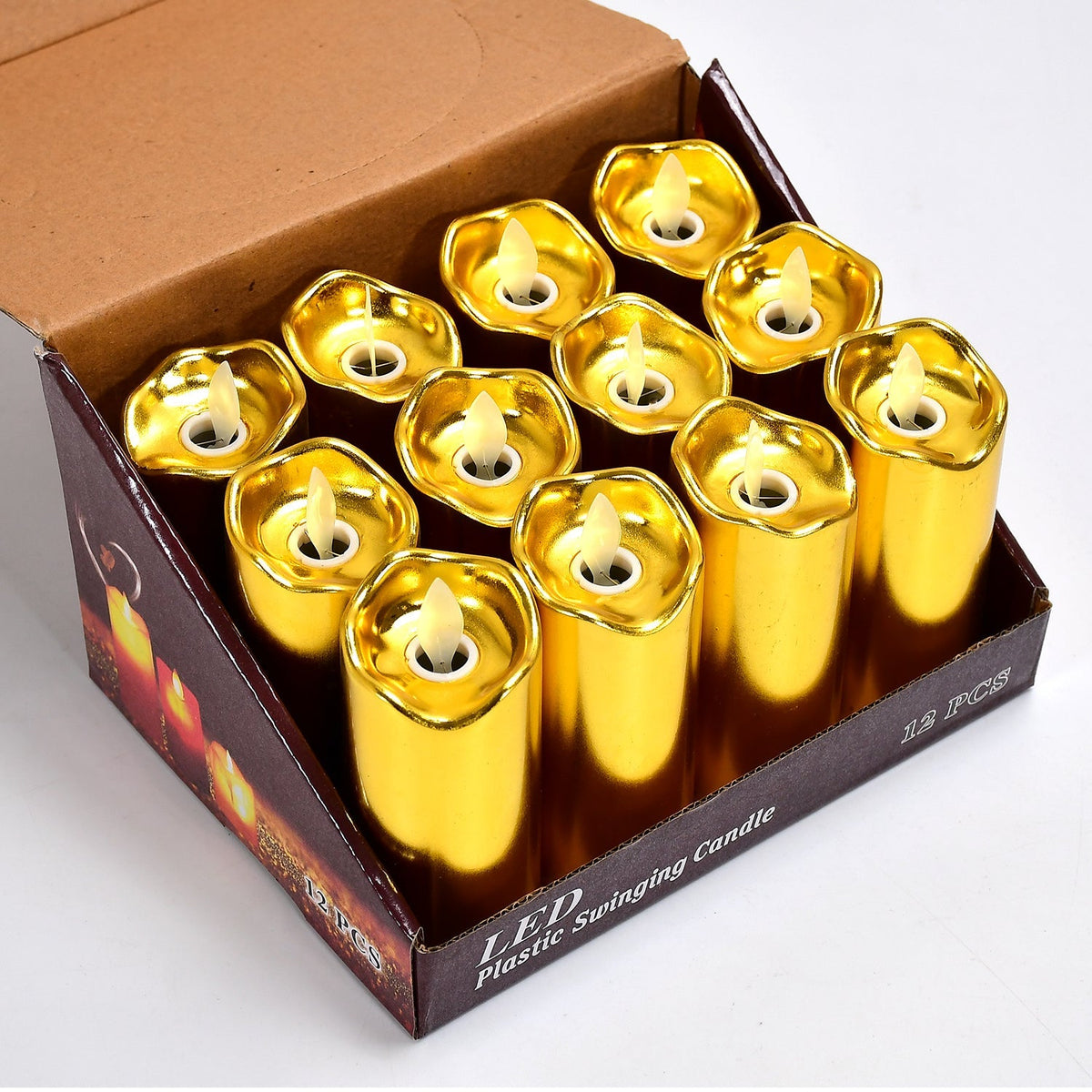 Close-up of a single golden flickering LED candle with a realistic flame effect.