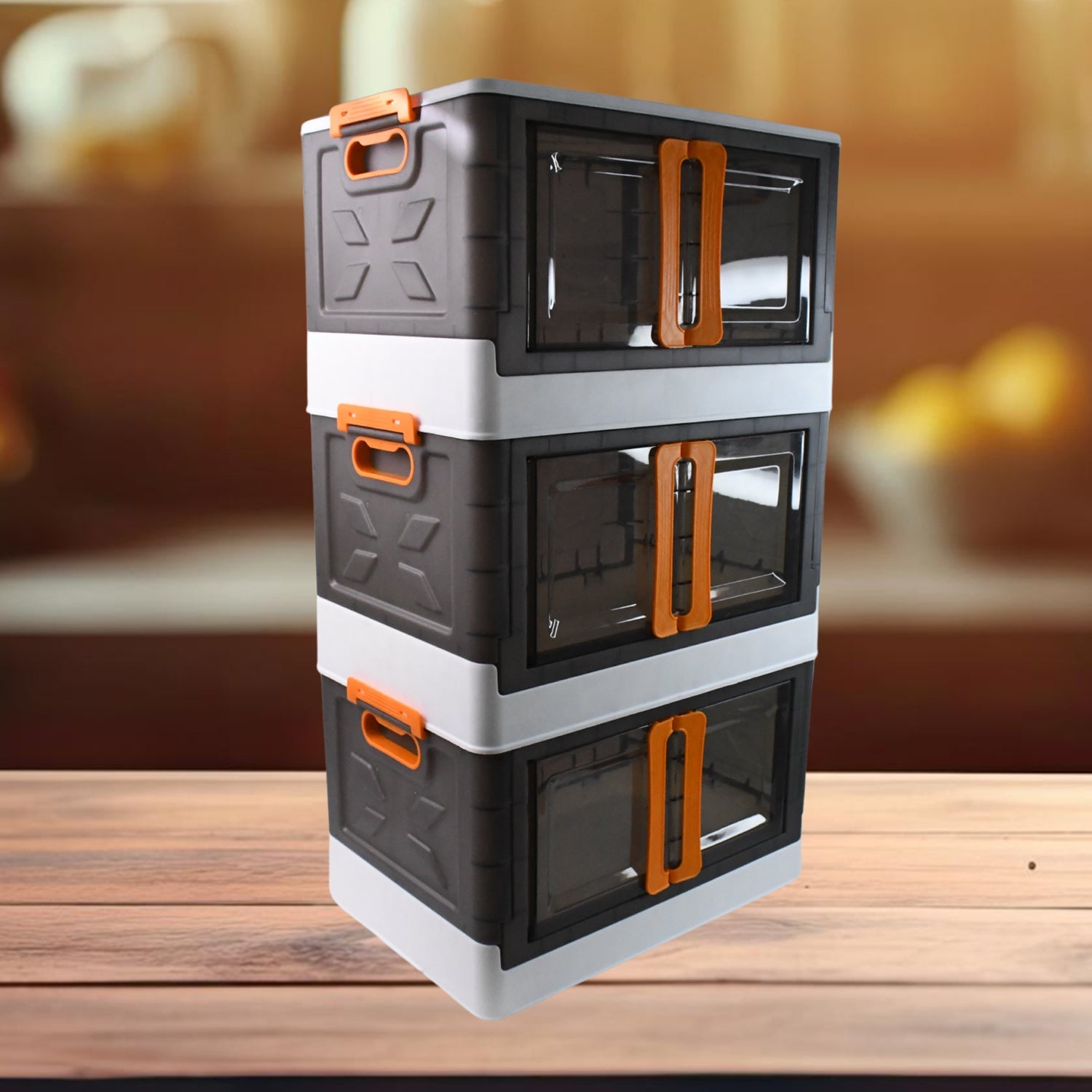 Side view of plastic folding wardrobe storage organizer highlighting compact design.