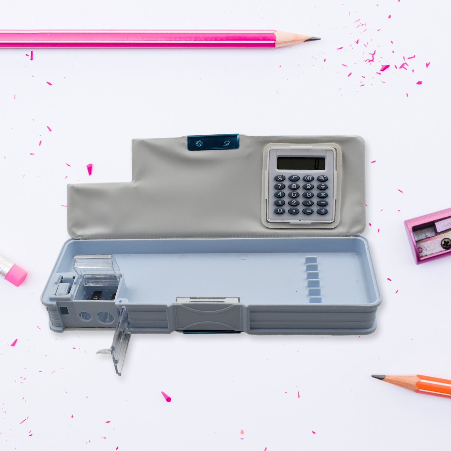 Durable plastic double-sided geometry pencil box for organised stationery.