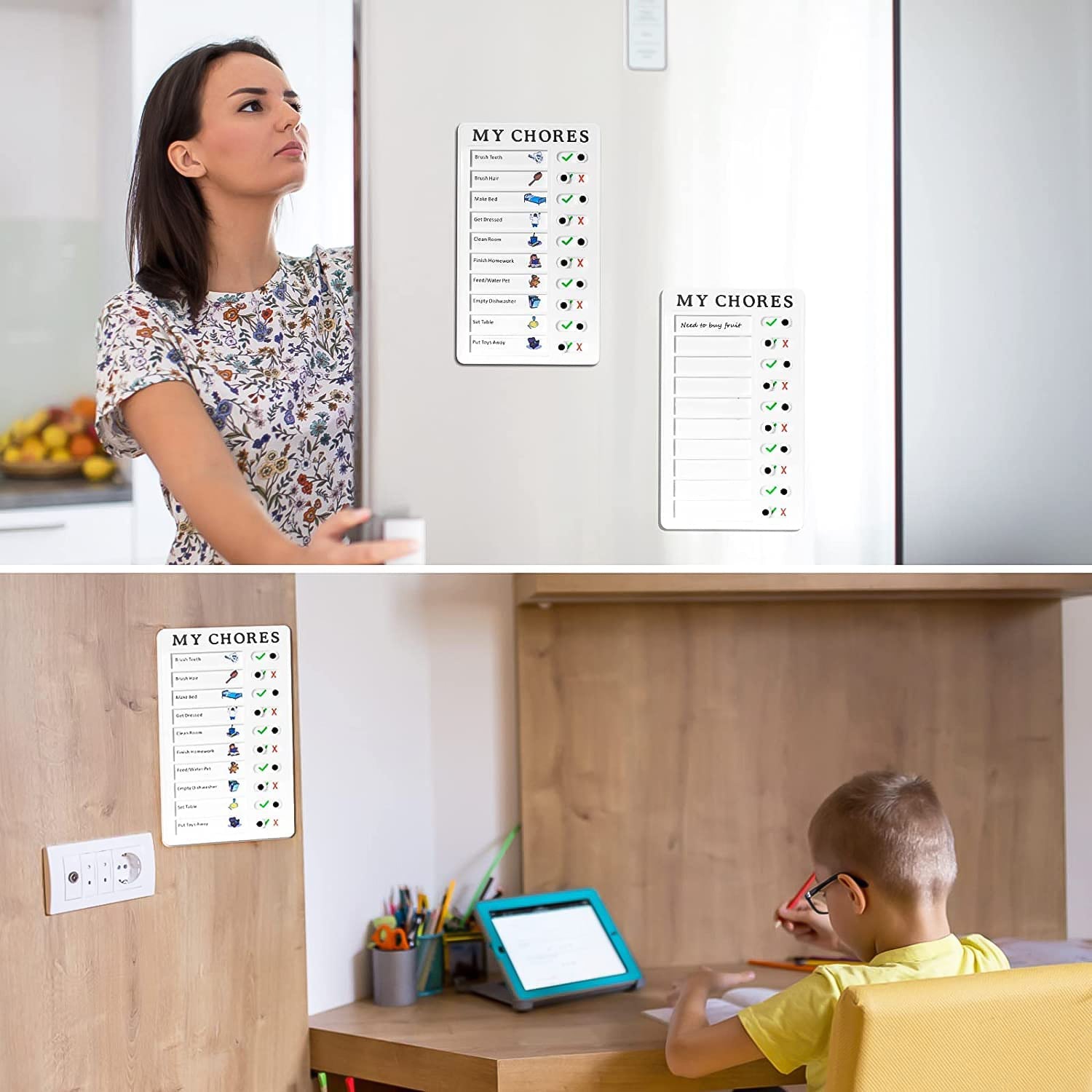 Portable chore note board held in hand, highlighting its compact size for easy carrying.