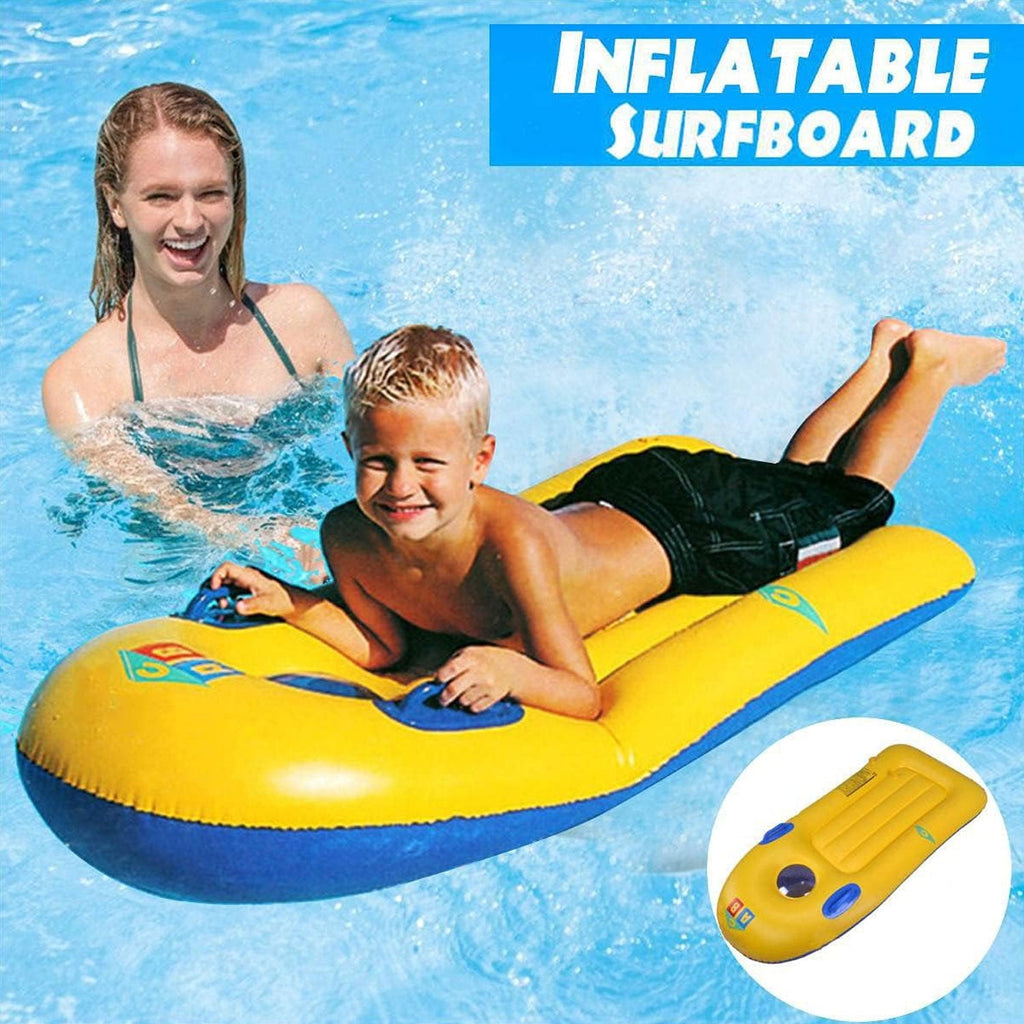 Young boy paddling on a blue inflatable surfboard with a unique transparent observation window.