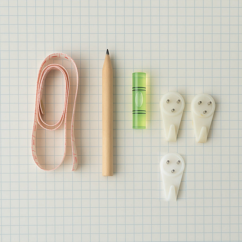 Close-up of wall hanging tools with measuring tape and bubble level