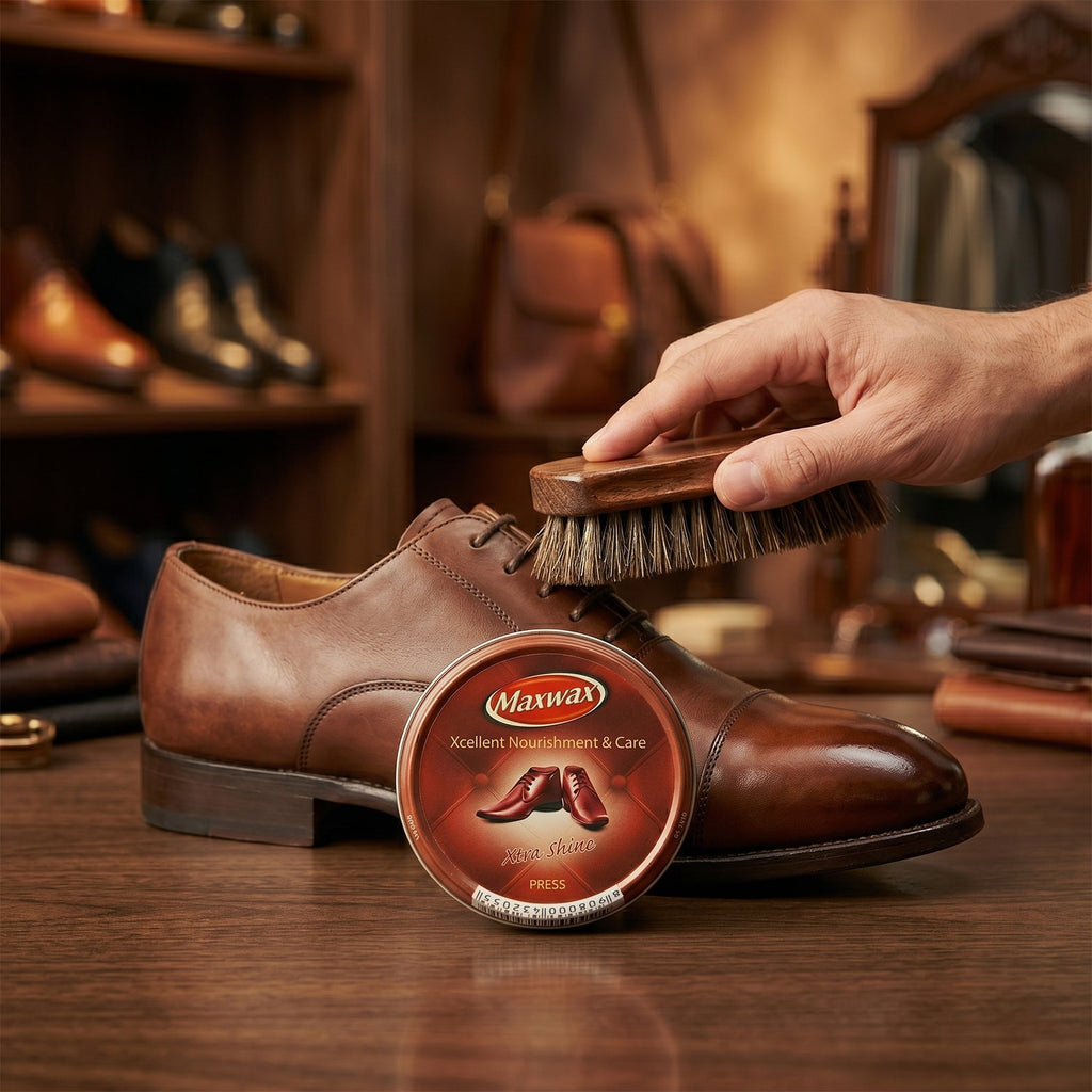 Rich brown shoe polish to enhance leather footwear appearance