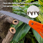Close-up of the sharp, high-hardness steel blade of the Folding Pruning Saw, ideal for precise cuts.