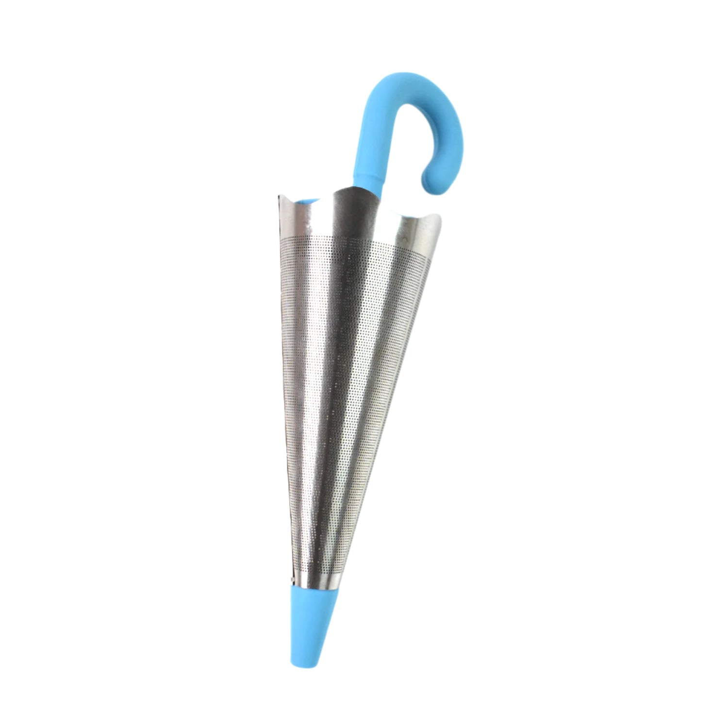 A hand holding a silicone umbrella tea infuser, demonstrating its flexibility.