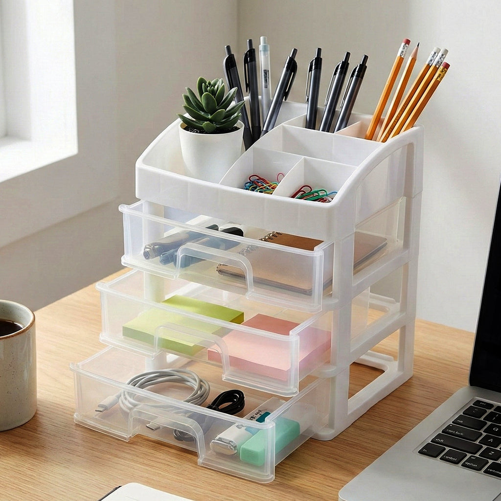 Plastic storage drawer section of the 3 layer desktop organizer
