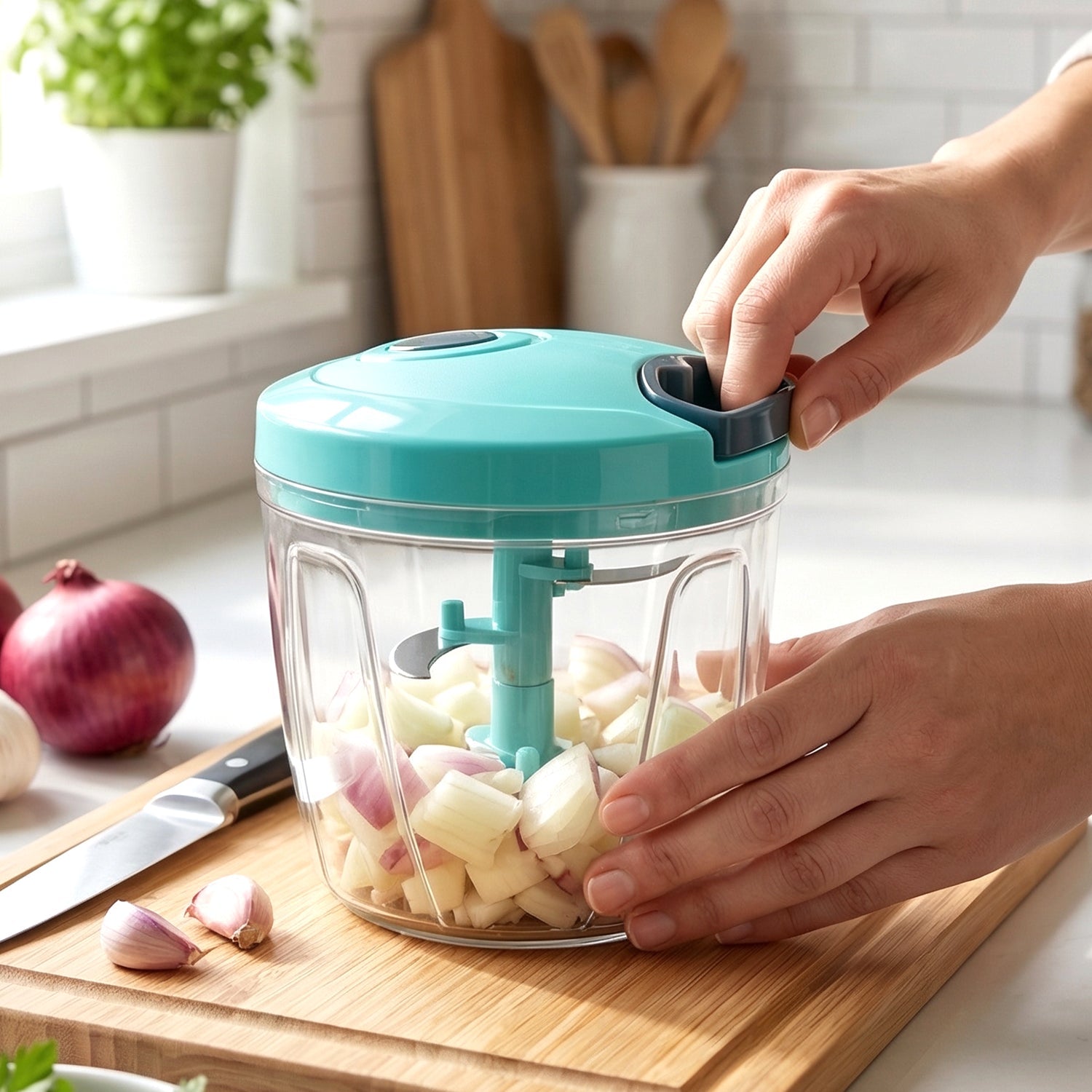 User holding the compact 6 Blade Manual Food Chopper, ready for vegetable chopping.