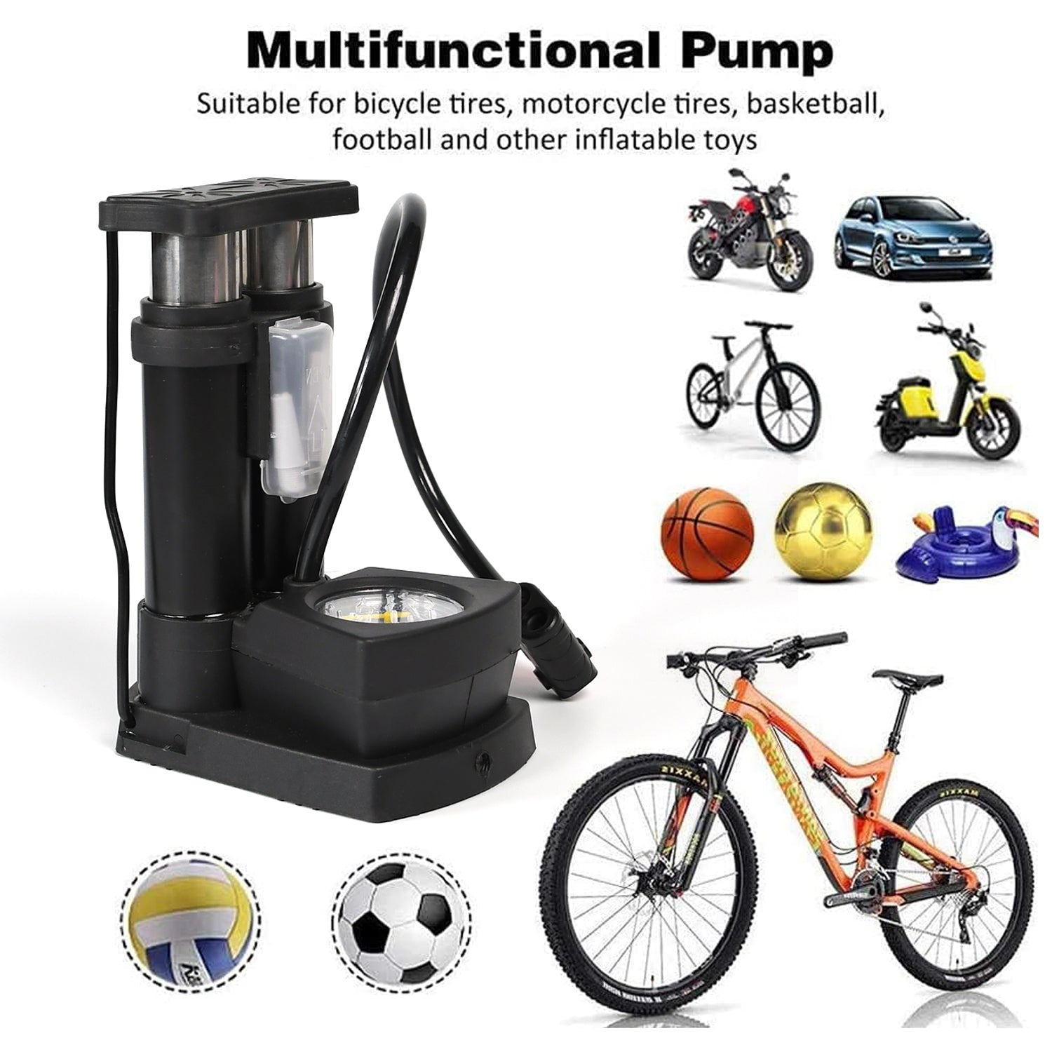 Safora portable mini bike pump with pressure gauge and flexible hose.