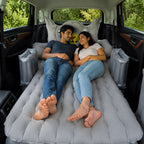 Car back seat transformed into air mattress bed