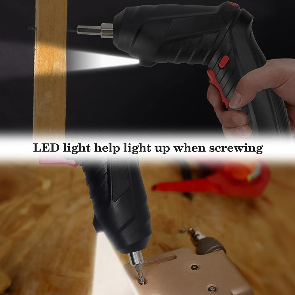 Cordless Electric Screwdriver demonstrating its pivoting handle for flexible use.
