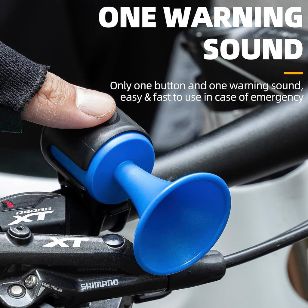 Compact electric bicycle horn with its secure battery compartment visible for maintenance.