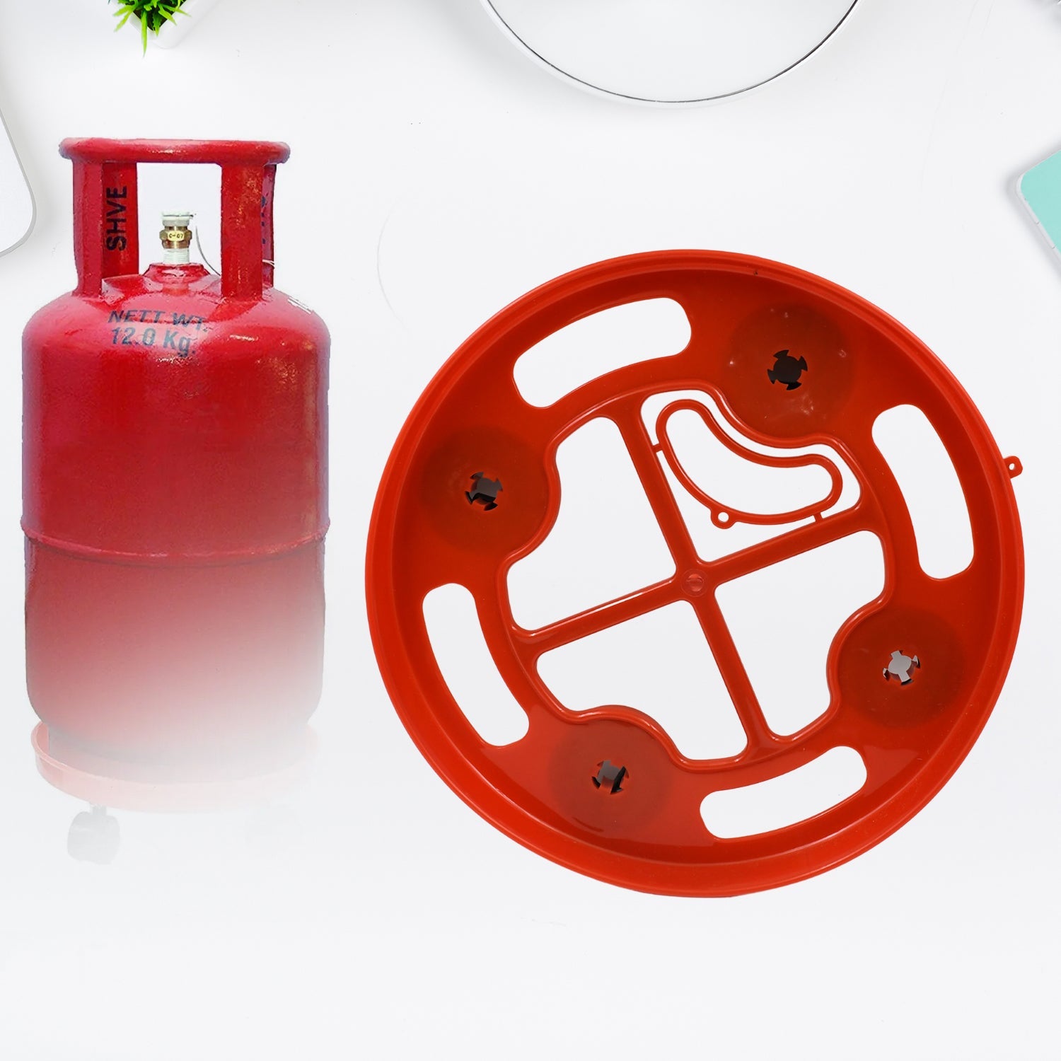 Gas cylinder trolley with durable plastic frame supporting LPG cylinder