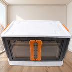 Plastic folding storage cabinet on movable wheels for effortless repositioning