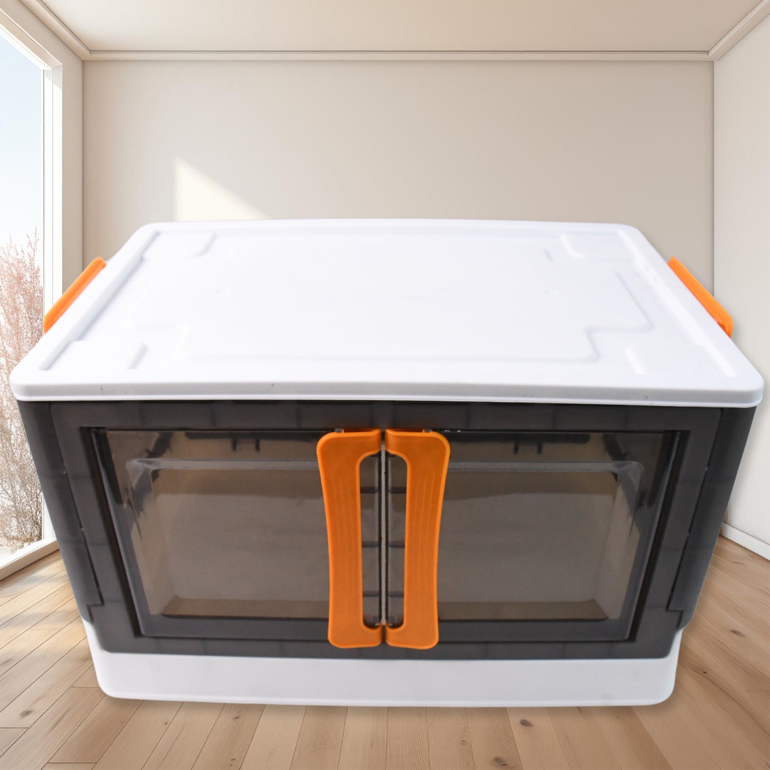 Plastic folding storage cabinet on movable wheels for effortless repositioning