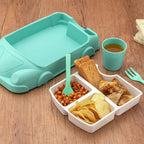 Close-up of the BPA-free kids dinnerware set showing the ergonomic spoon and fork.