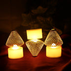 Battery operated LED tealight candle lights with flickering effect and golden mesh