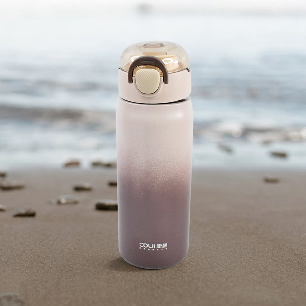 Side view of sealed stainless steel water bottle