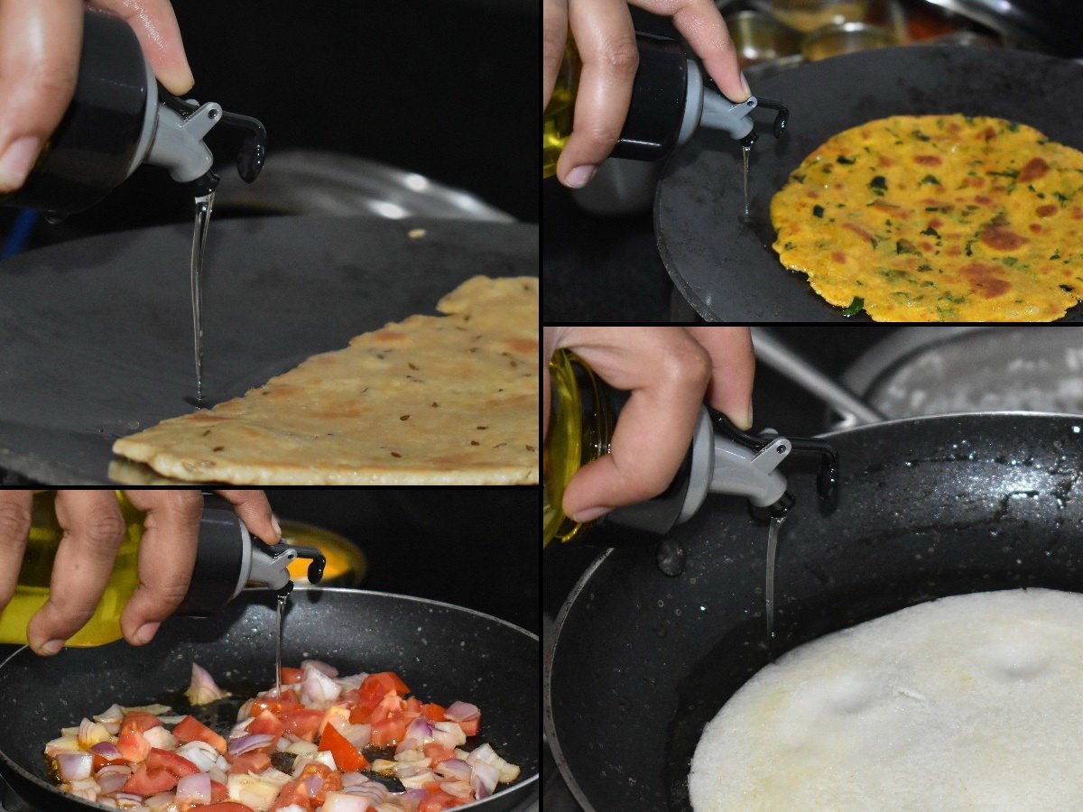 Front view of the 1-litre clear oil dispenser with lid, highlighting the drip-free design.