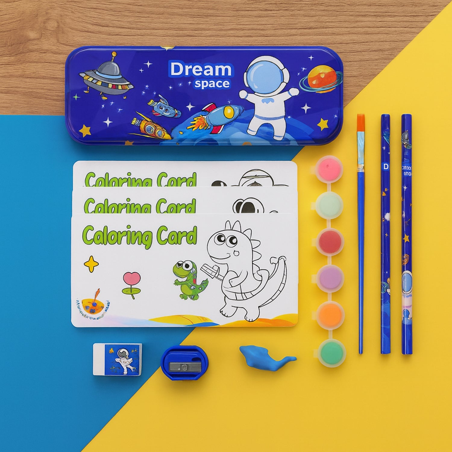 Colorful art supplies included in children's stationery kit