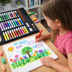 Sketch pens and crayons in the 130-piece art and drawing color kit