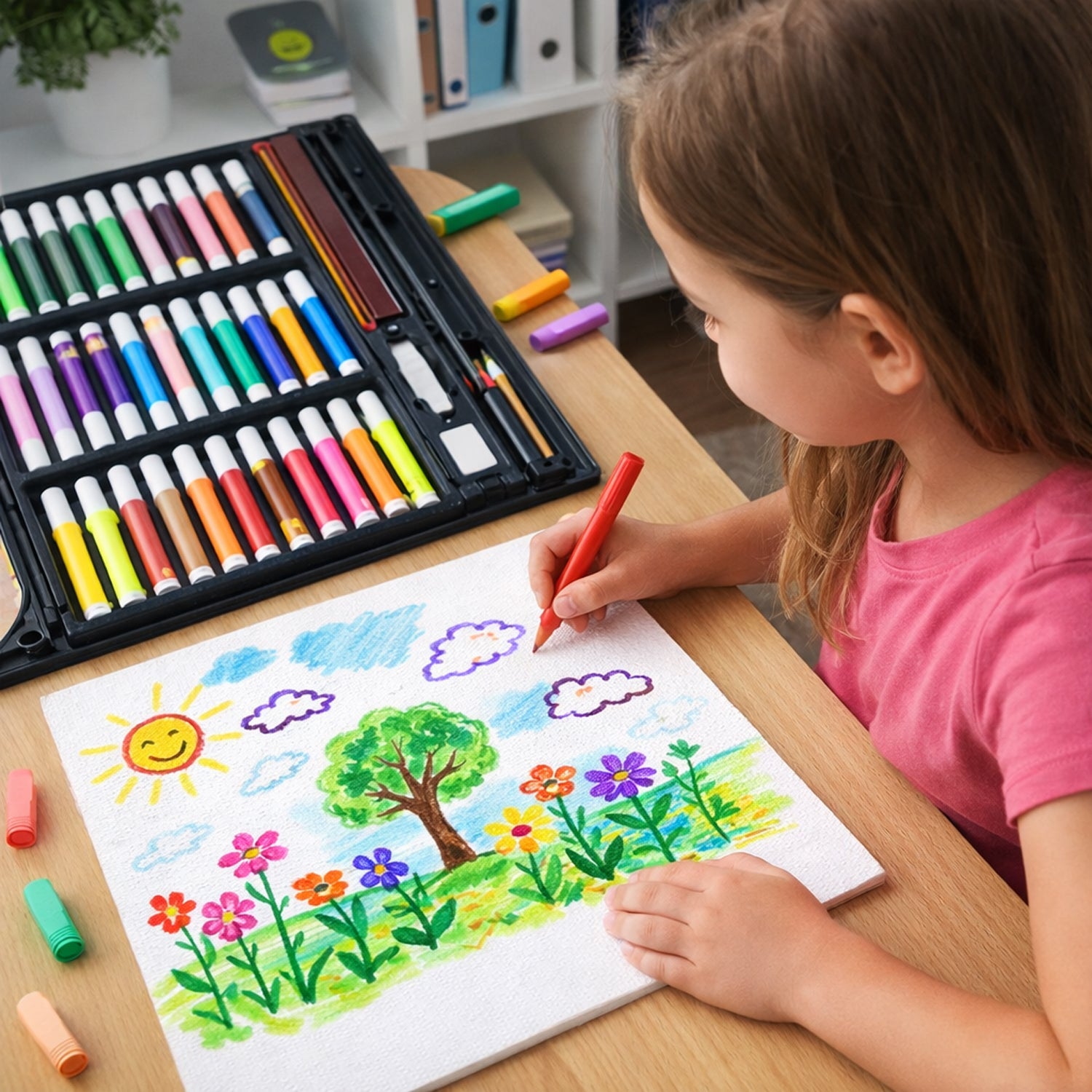 Sketch pens and crayons in the 130-piece art and drawing color kit
