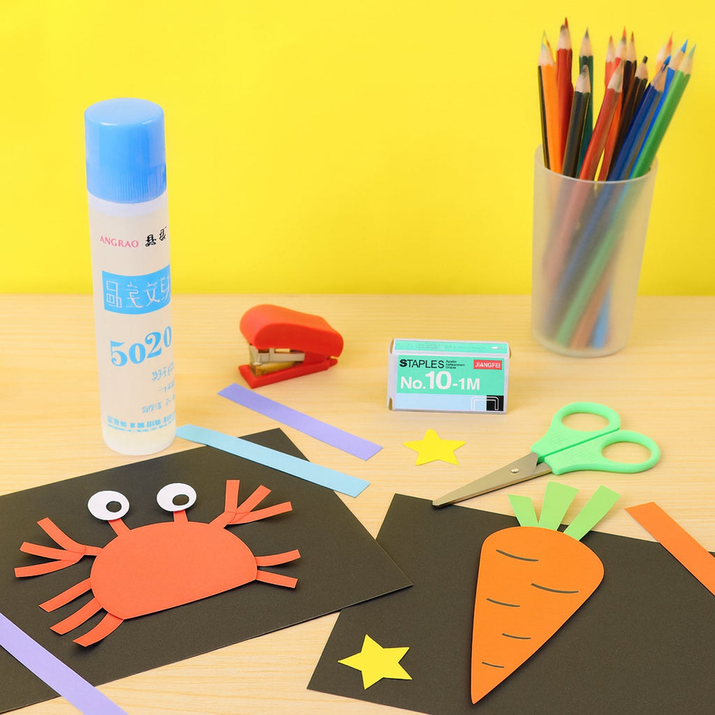 Kids creative set accessories including safe scissors and hand-friendly stapler