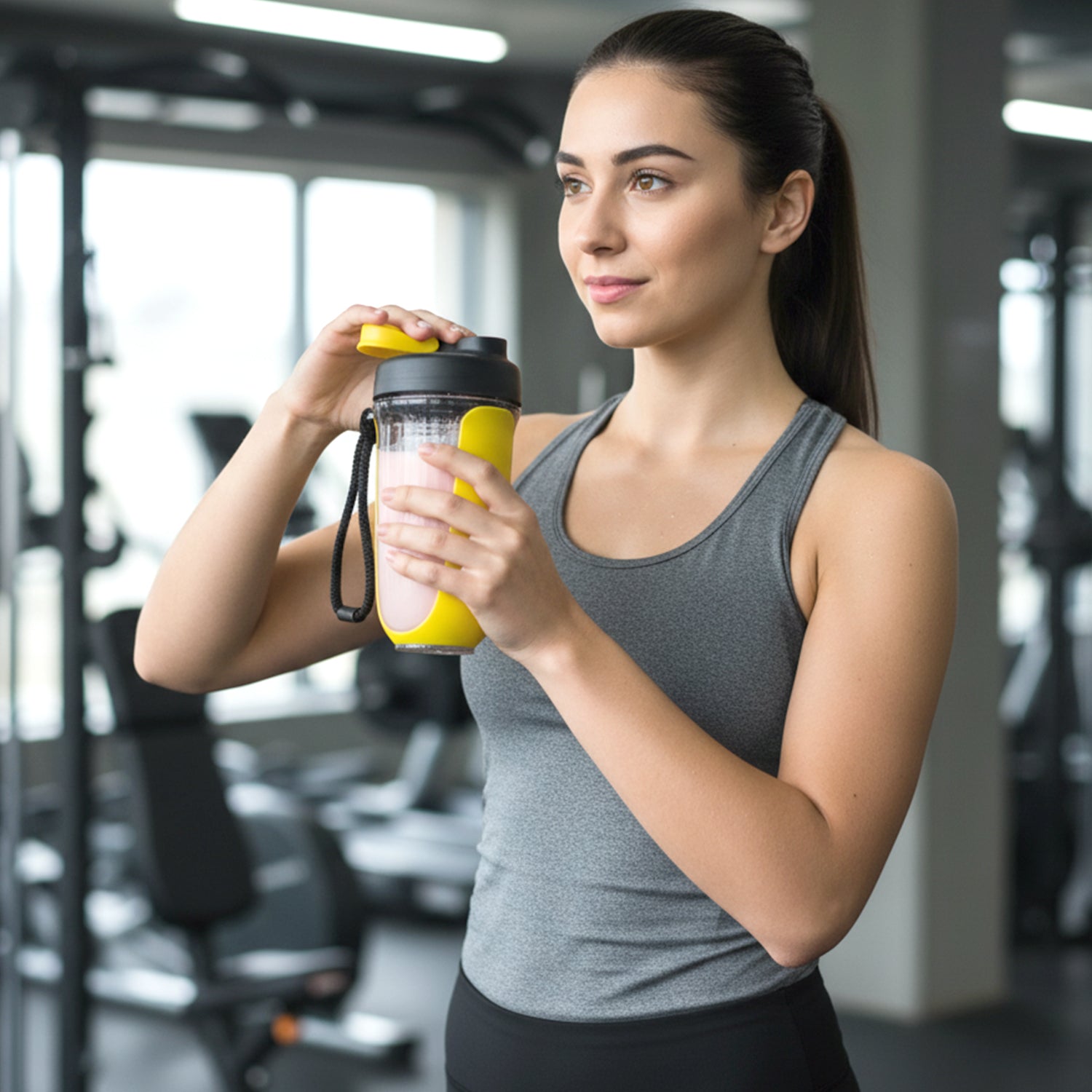 Vibrant yellow gym water shaker bottle with handle for easy carrying