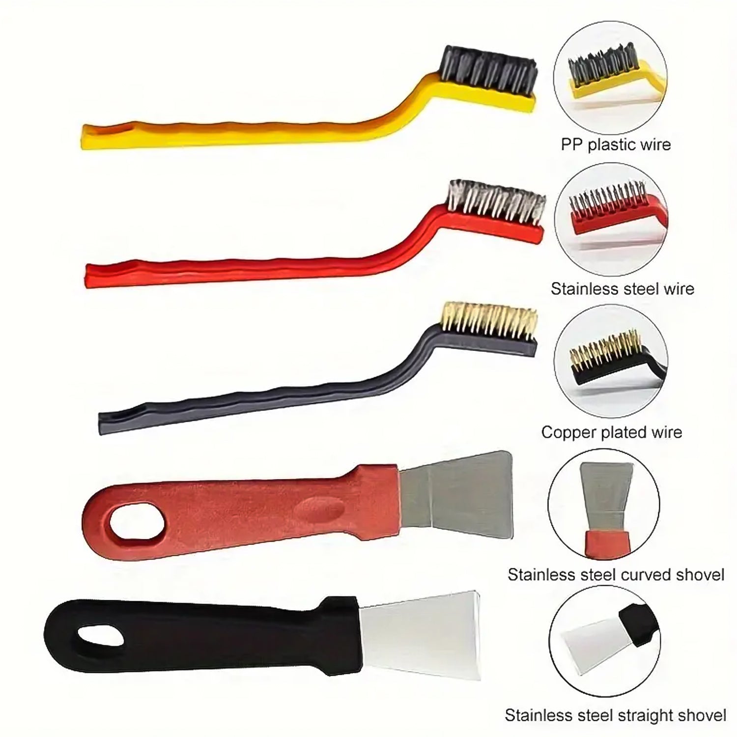 Wire brushes and scrapers used for effective grill and stove cleaning.
