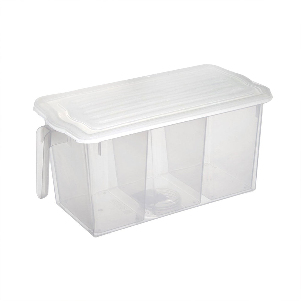 Airtight refrigerator storage box with internal dividers for various items.