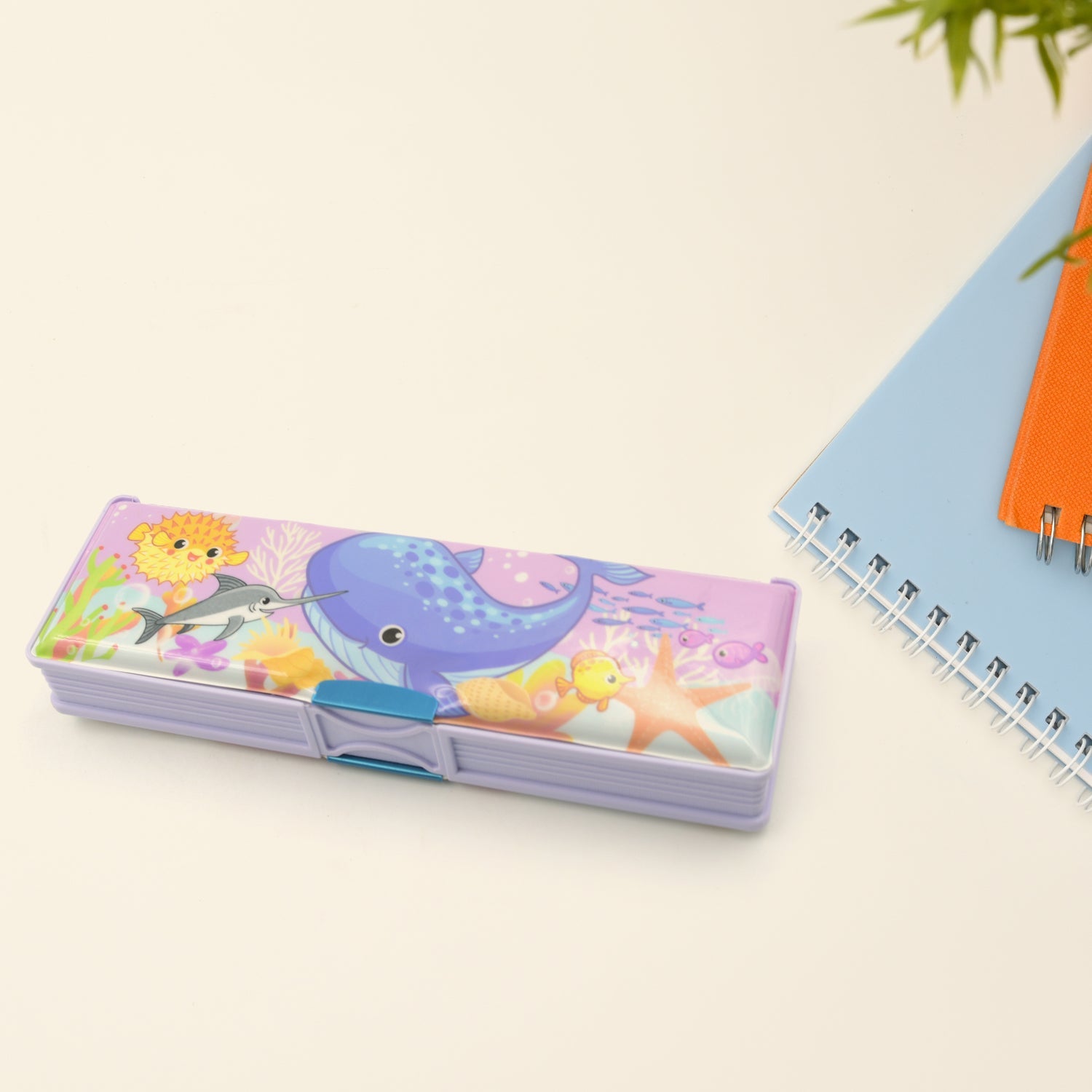 Colorful cartoon pencil case with double deck design, ready for school.