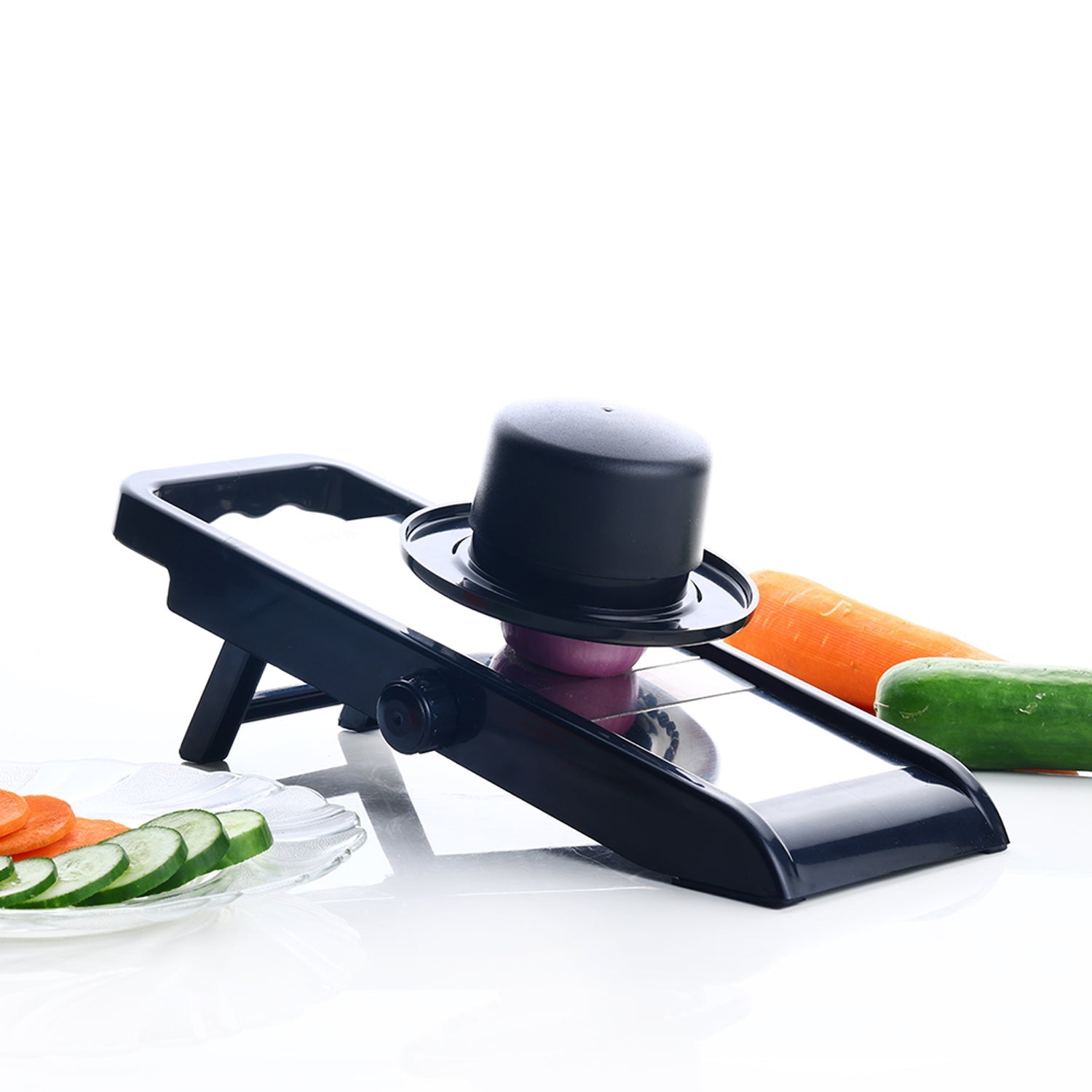 Multipurpose grater and slicer in action, preparing fresh vegetables for a meal.