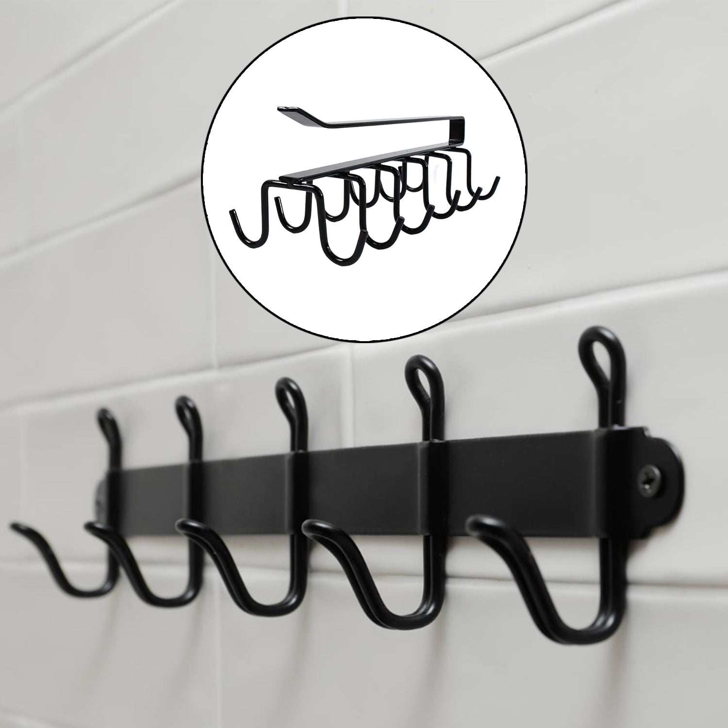 Close-up view of rust-proof iron hooks on the metal cup holder rack.