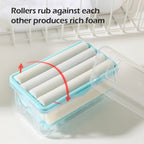 Close-up of the foaming soap bar box with spring base and sponge roller.