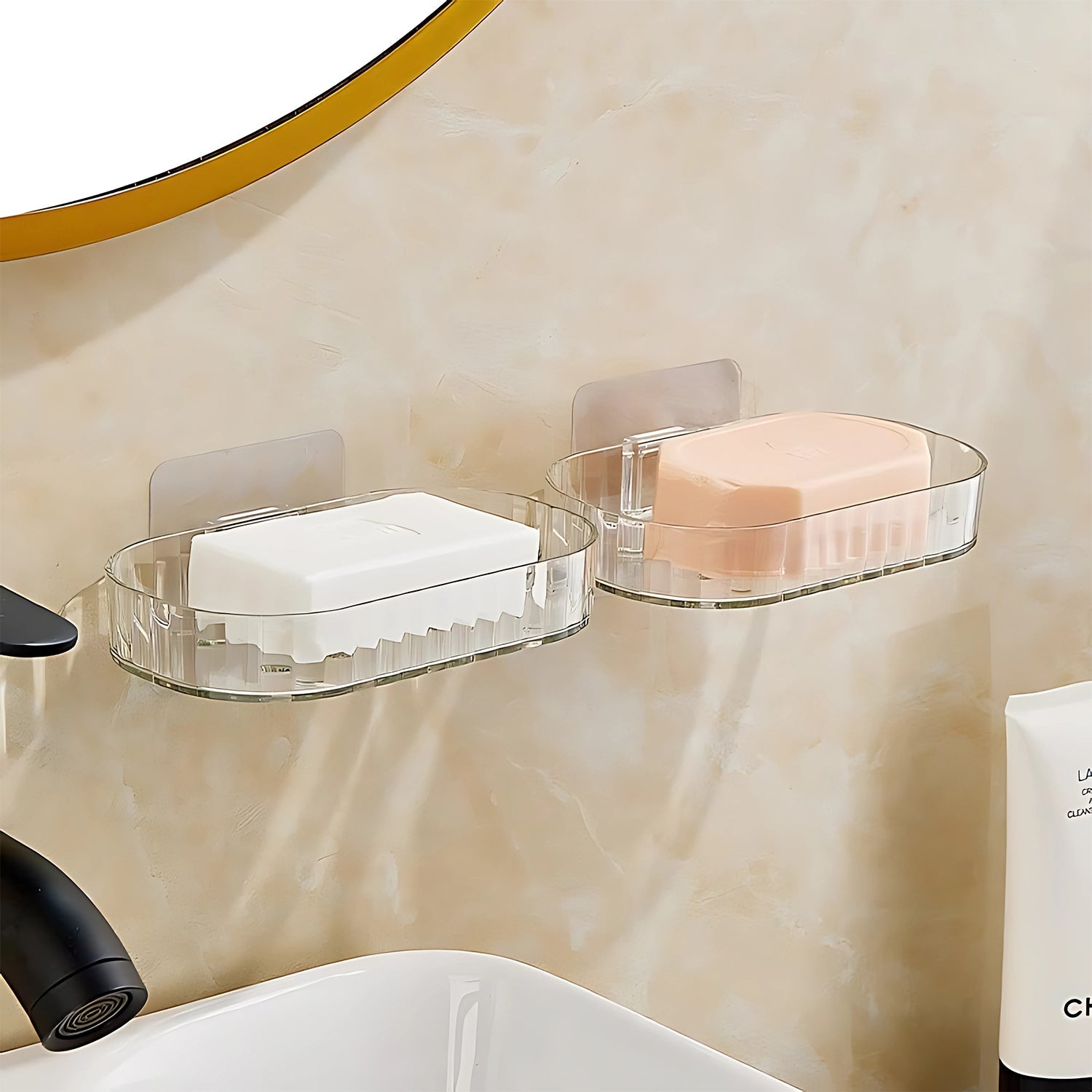 Transparent plastic soap dish case with wall mount adhesive pad