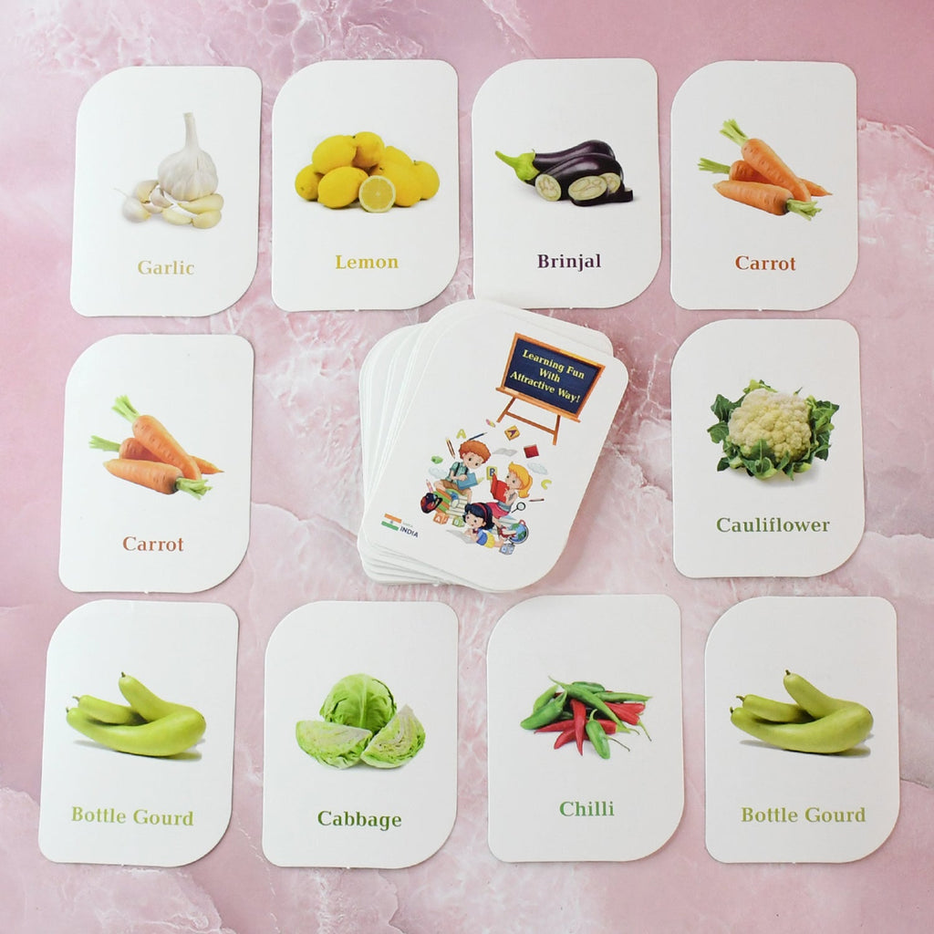 Vegetable flash cards showing real tomato and other vegetable images for kids learning