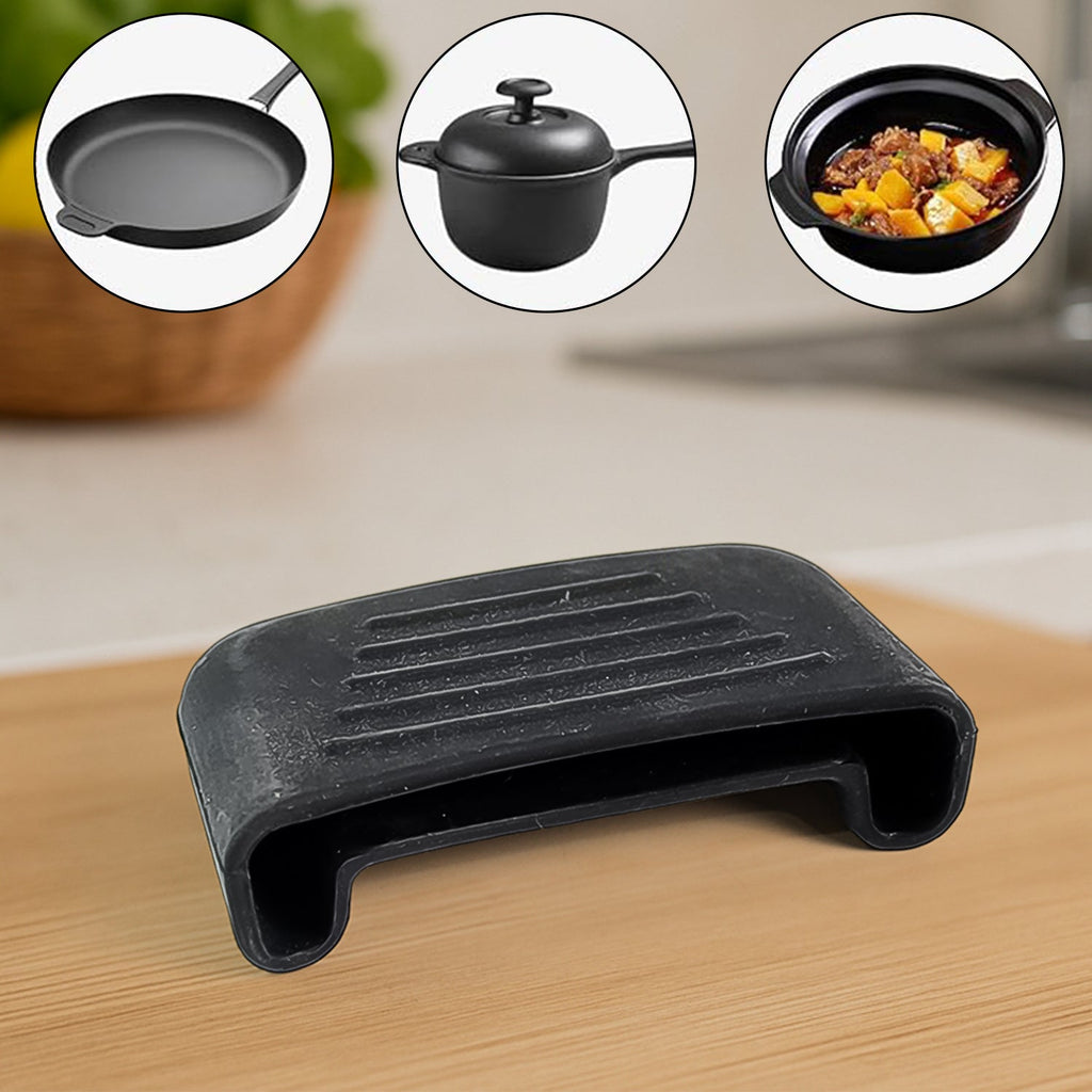 Flexible silicone handle sleeve covering hot metal pot handles