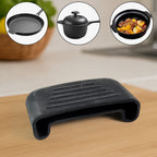 Flexible silicone handle sleeve covering hot metal pot handles