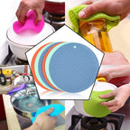 Assortment of vibrant silicone trivet hot pads in various colors.