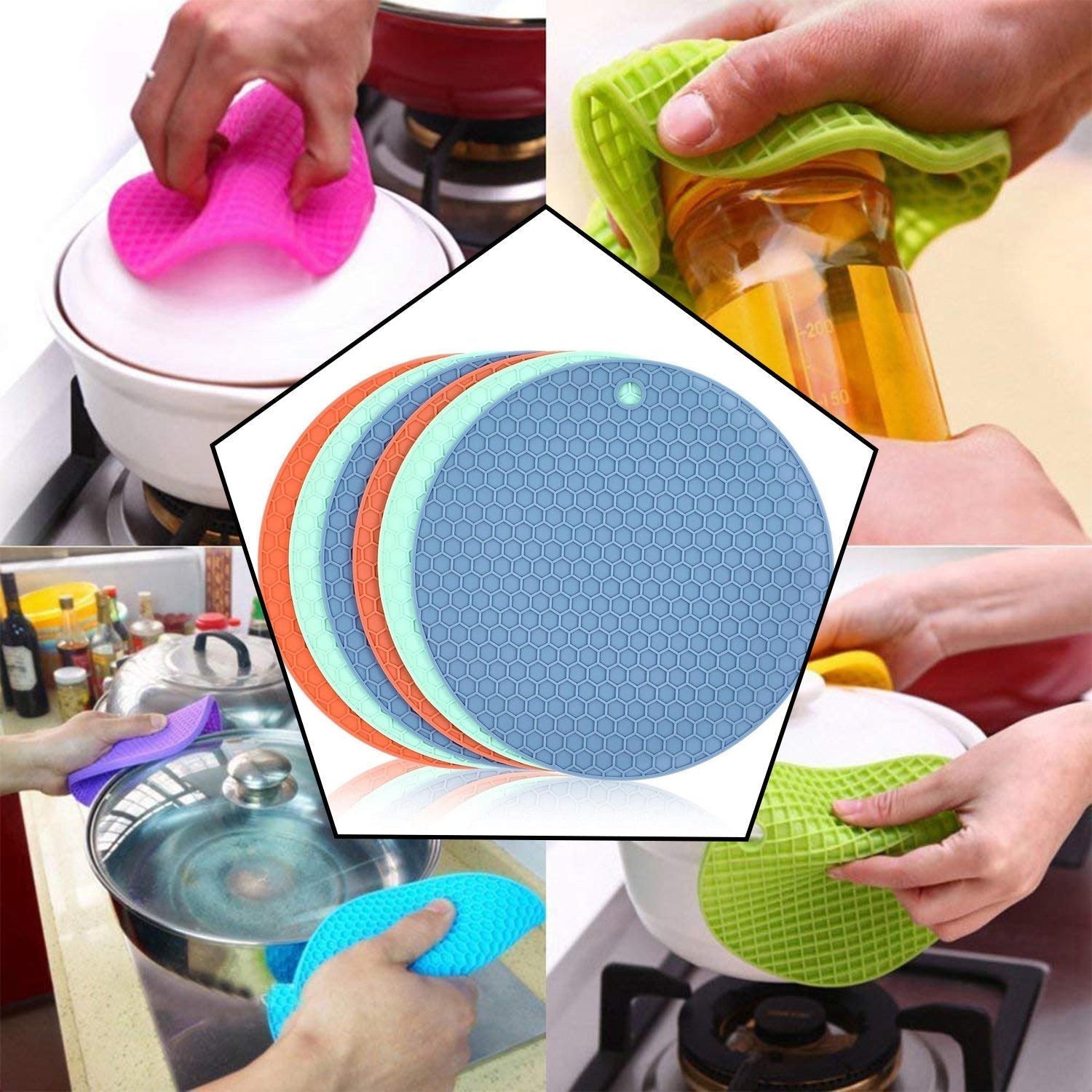 Assortment of vibrant silicone trivet hot pads in various colors.