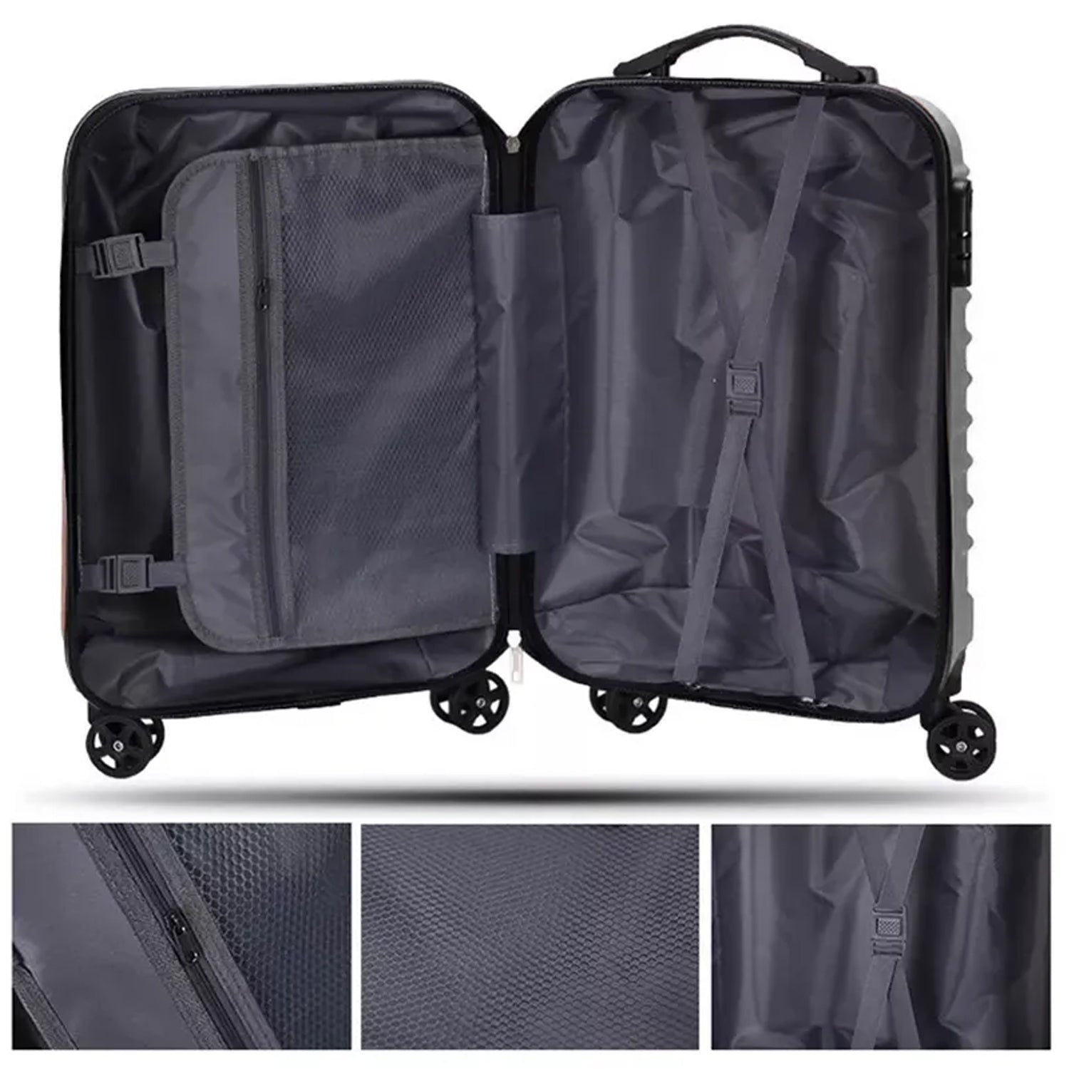 The complete multi-color trolley bag set presented together, highlighting their versatile sizes.