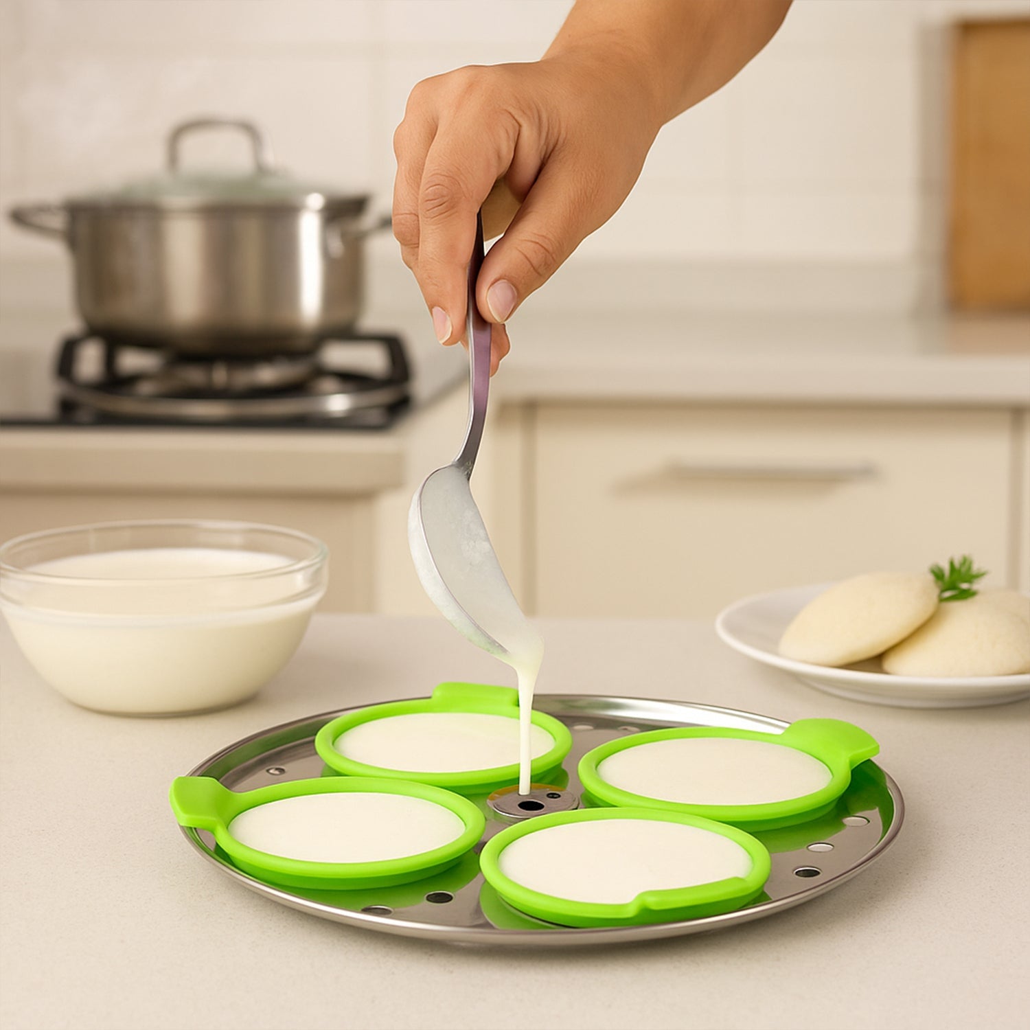 Stackable flexible silicone idli moulds for convenient kitchen use