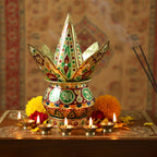 Pooja kalash showcasing intricate lotus crown pattern for religious ceremonies