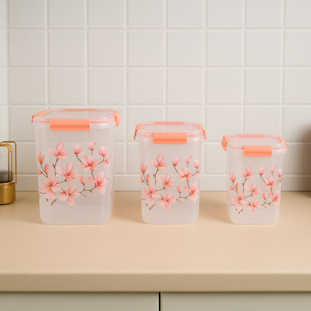 Stacked square floral airtight containers demonstrating space-saving design.
