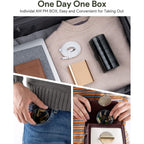 The 7-day medicine dispenser with its transparent outer case, allowing visibility of the daily boxes.