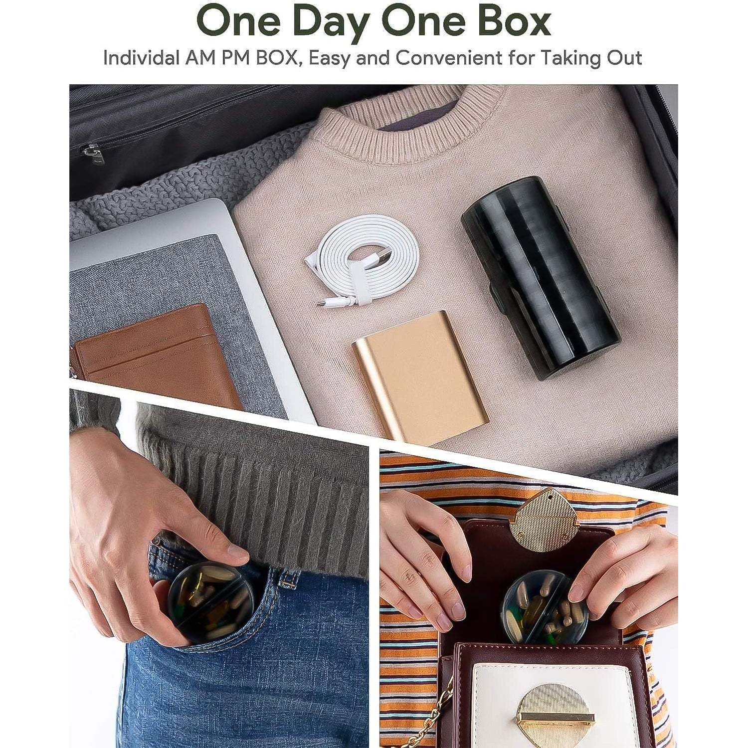 The 7-day medicine dispenser with its transparent outer case, allowing visibility of the daily boxes.