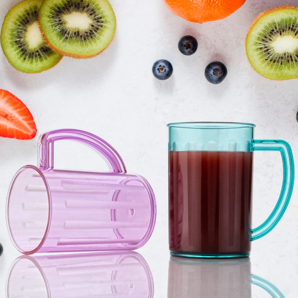 Single unbreakable clear plastic mug with a sturdy handle, isolated on a white background.